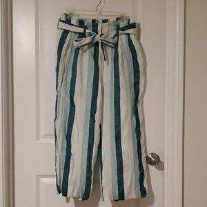 J. Crew Teal and White Striped Paperbag Linen Pants